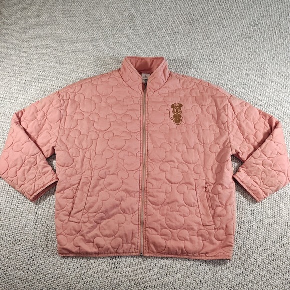 Disney Minnie Mouse Puffer Jacket Women's XL Pink Peach Quilted Full Zip Pockets - Picture 1 of 7